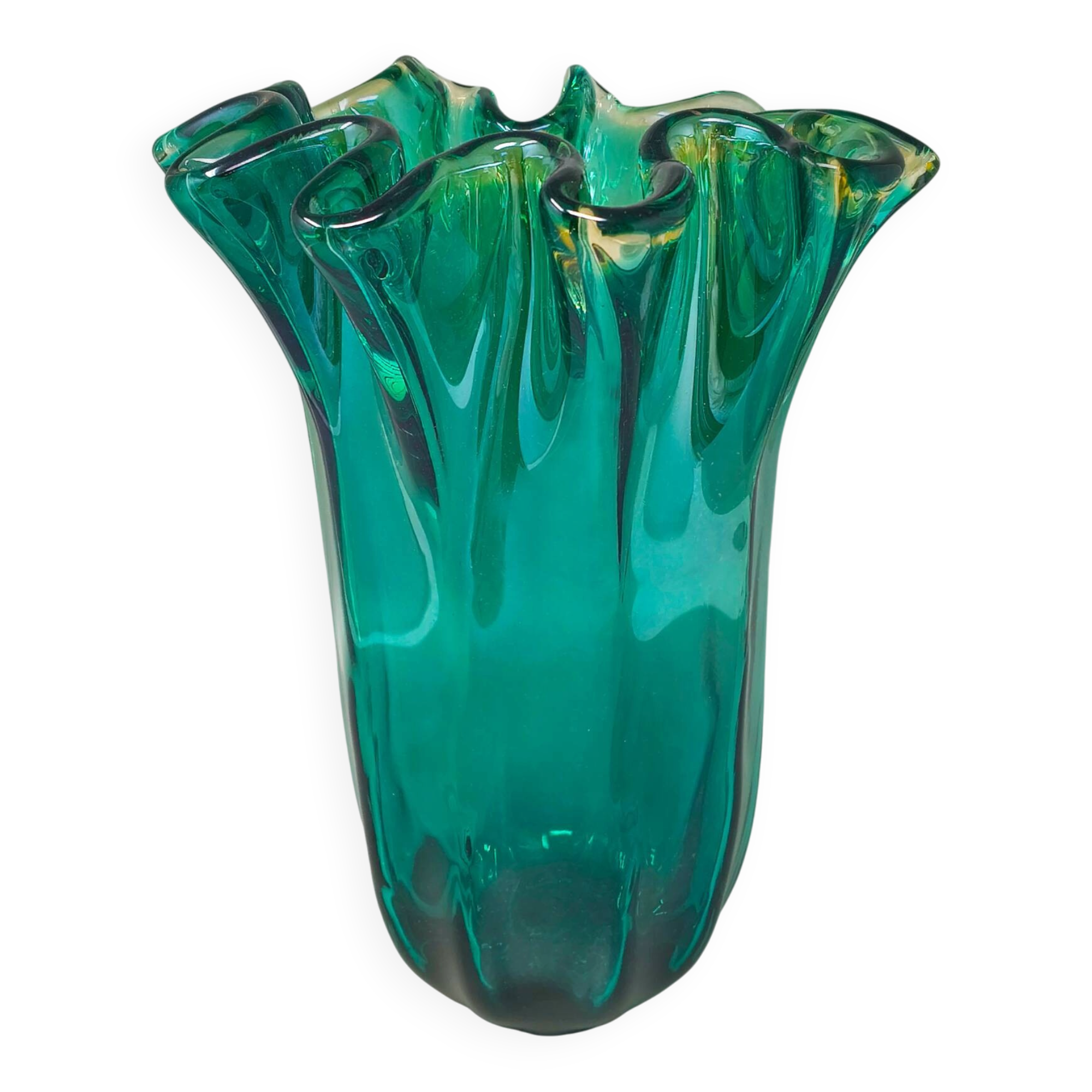 1970s Astonishing Emerald Green "Fazzoletto" Vase by Michielotto in Murano Glass. Made in Italy