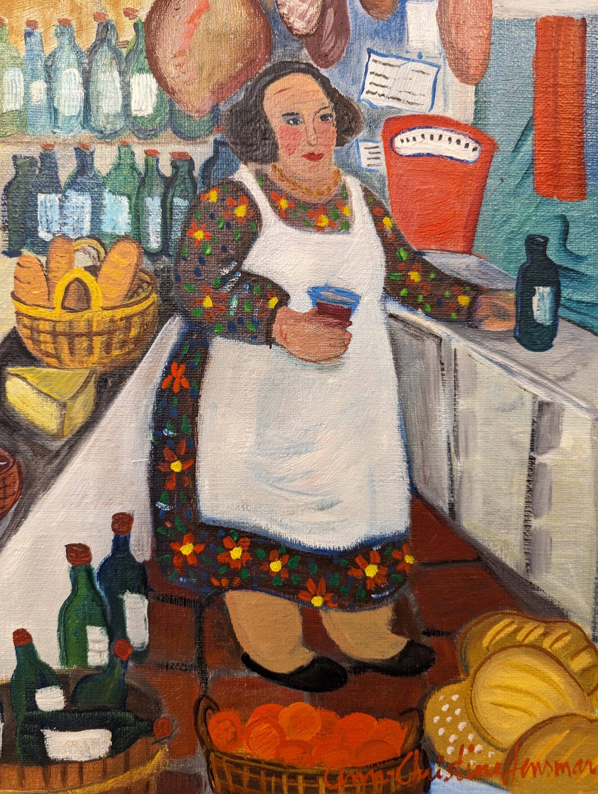 Mid-Century Modern Swedish "The Store" Vintage Figurative Oil Painting, Framed