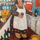 Mid-Century Modern Swedish "The Store" Vintage Figurative Oil Painting, Framed