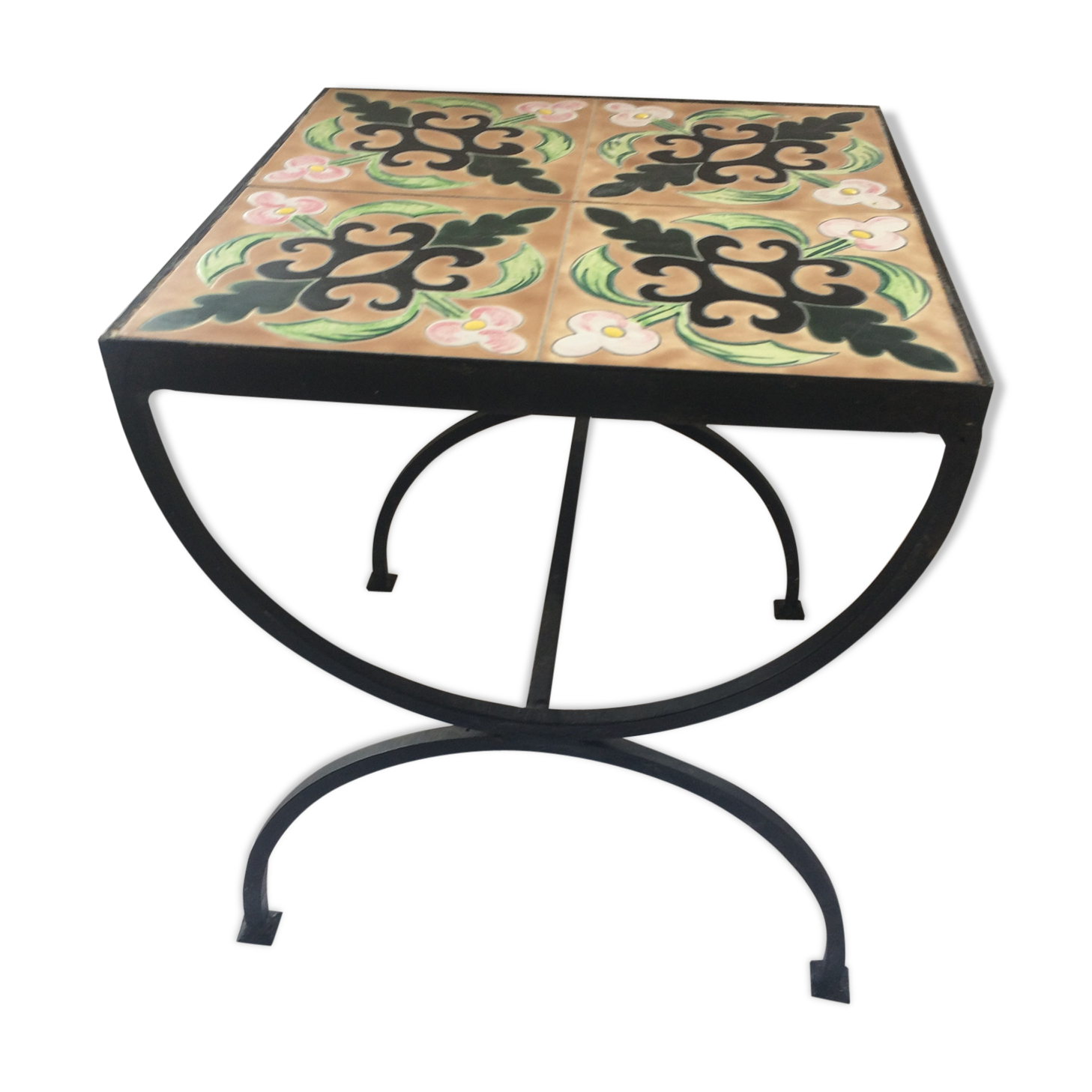 Square coffee table in wrought iron and ceramic, 1950s