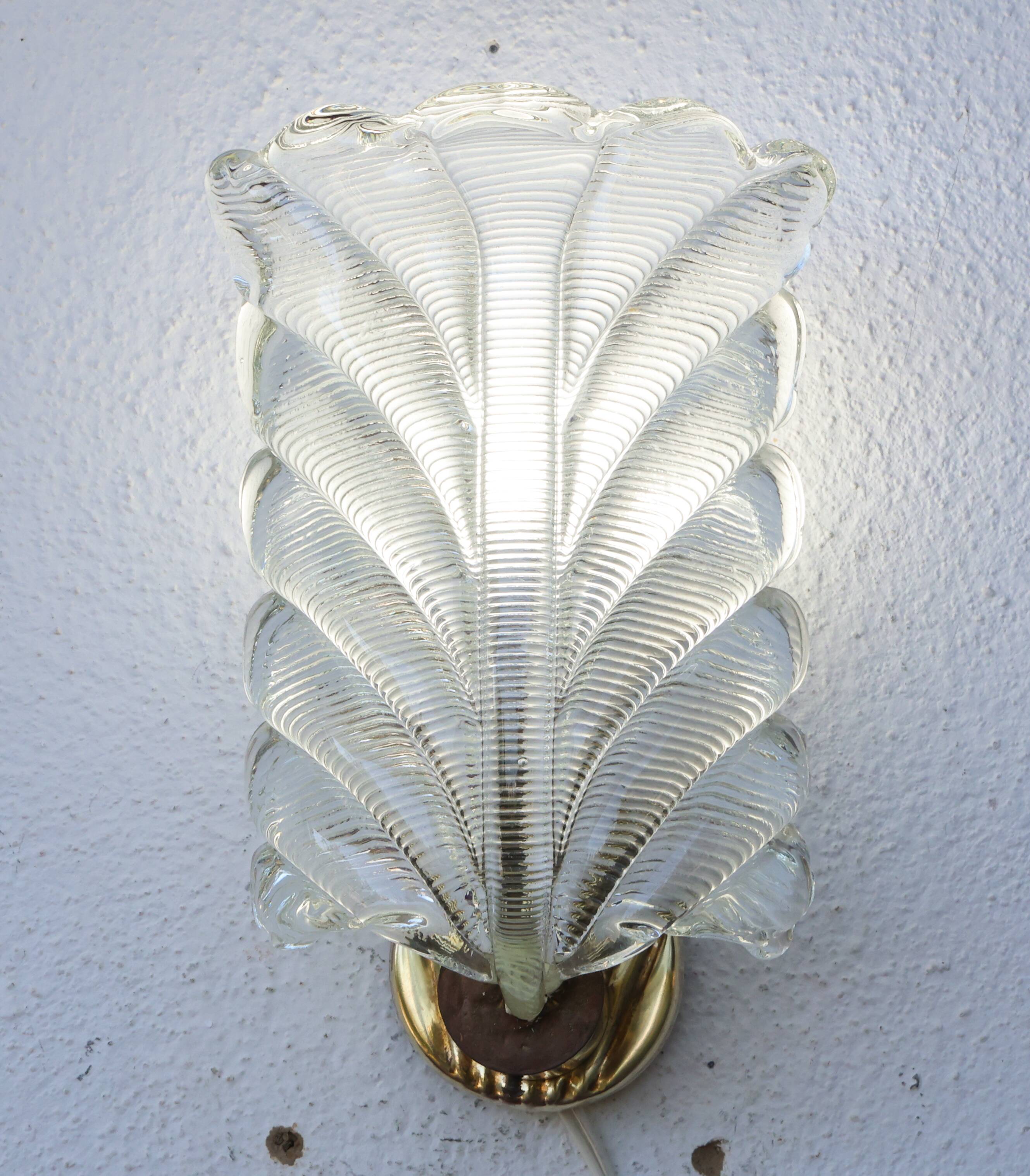 Art Decò Wall light Trasparent Murano Glass Leave by Barovier e Toso, 1950s