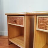 Pair of vintage bedside tables in wood and rattan.