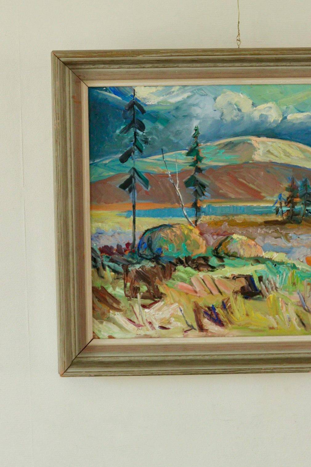 Huile sur panneau originale du milieu du siècle – « Paysage avec montagne »