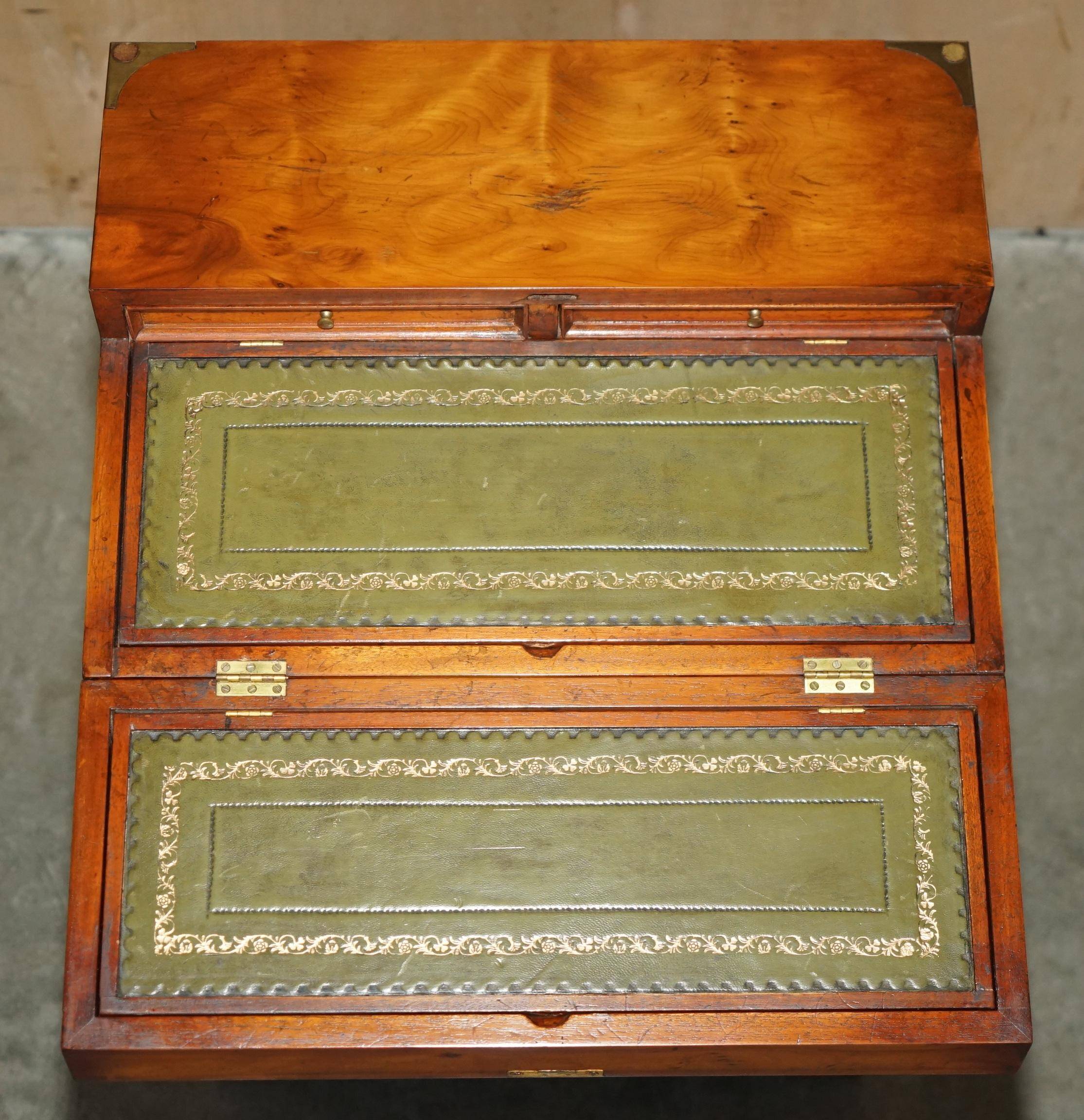 Military desk Harrods in Burr Yew wood with leather, country style.