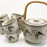 Teapot and its 6 cups with birds Seventies look made in Korea