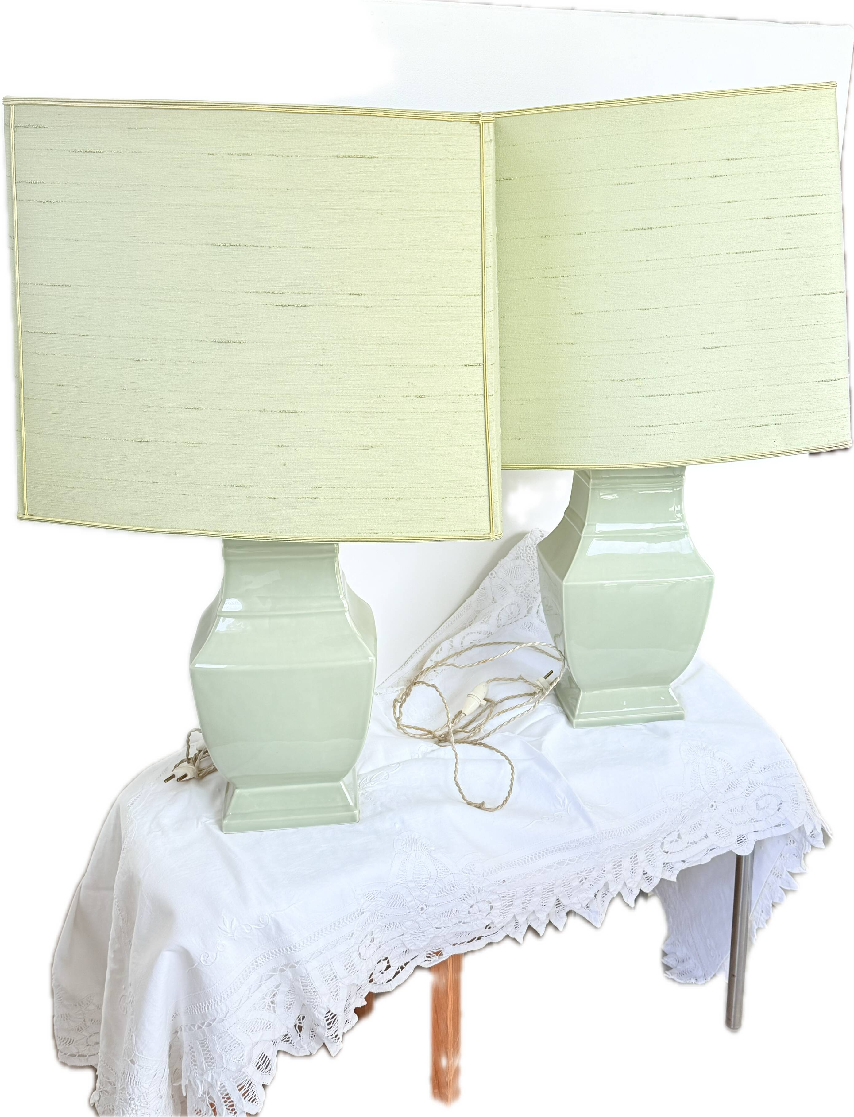 Pair of vintage celadon green ceramic lamps