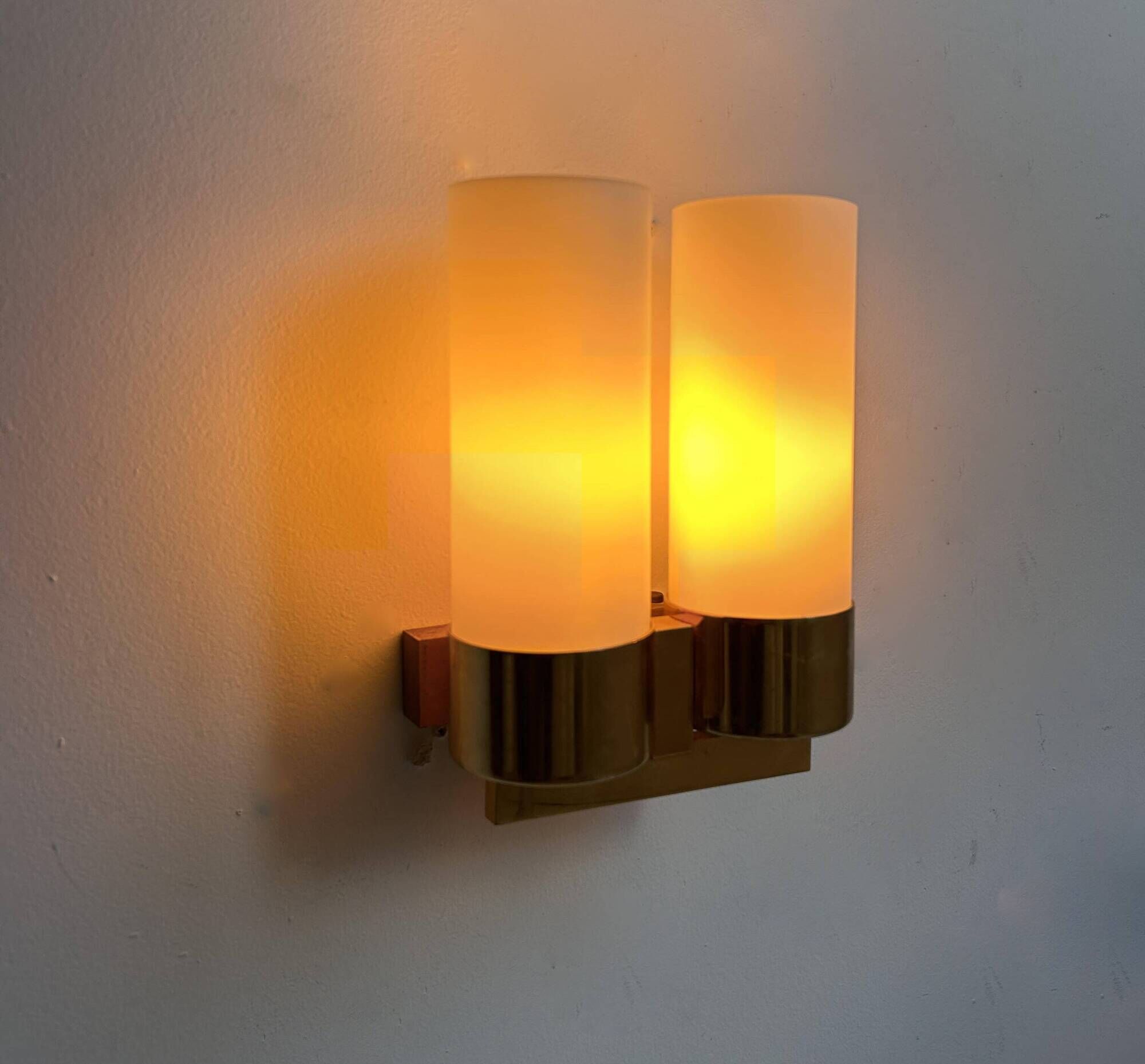 Vintage double wall lamp, brass and opaline, Leuchten Neuhaus Germany 1960