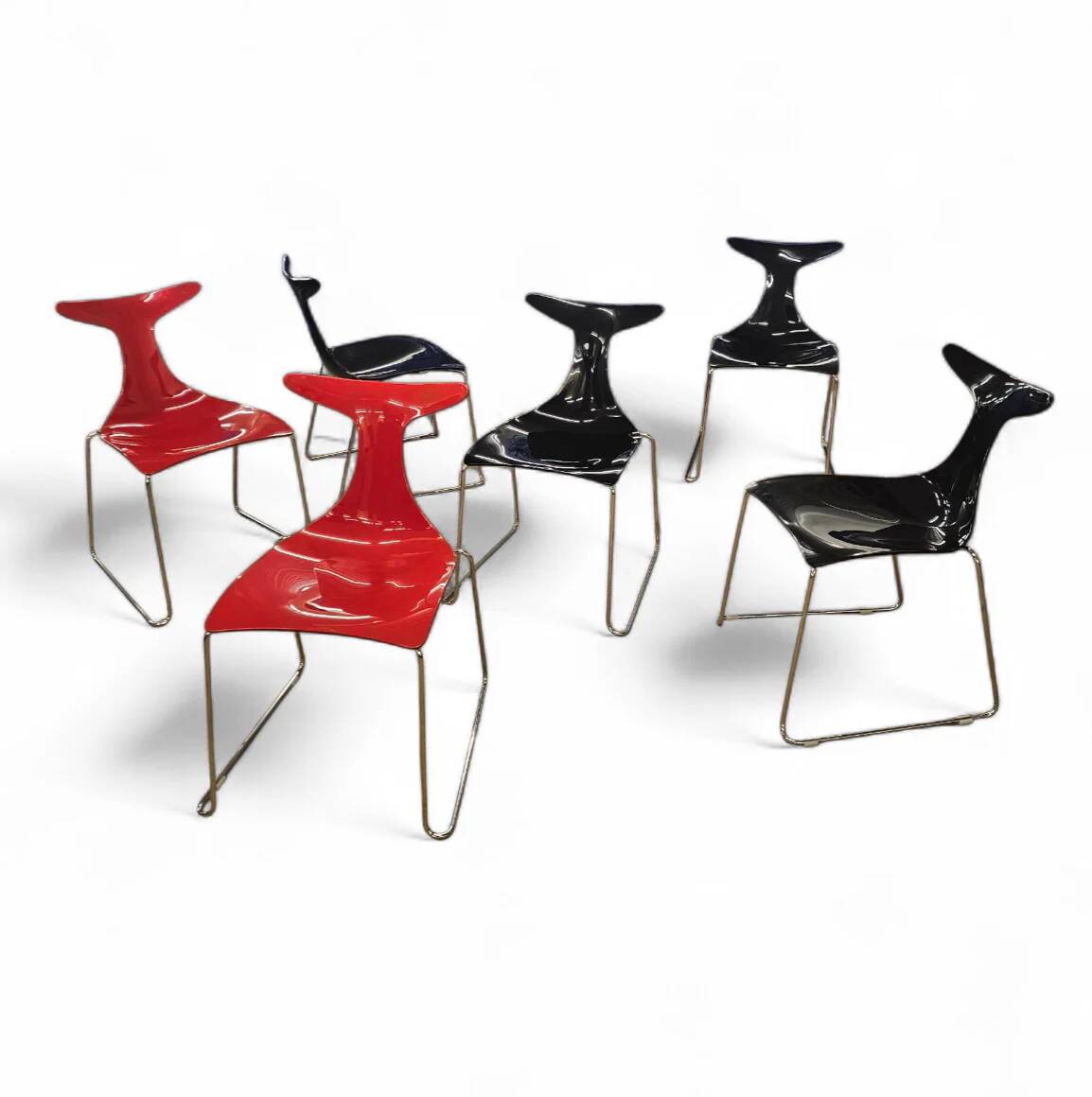 6 x Delfy chair by Gino Carollo for Ciacci Kreaty / Italy 1990s / 2 x red - 4 x black