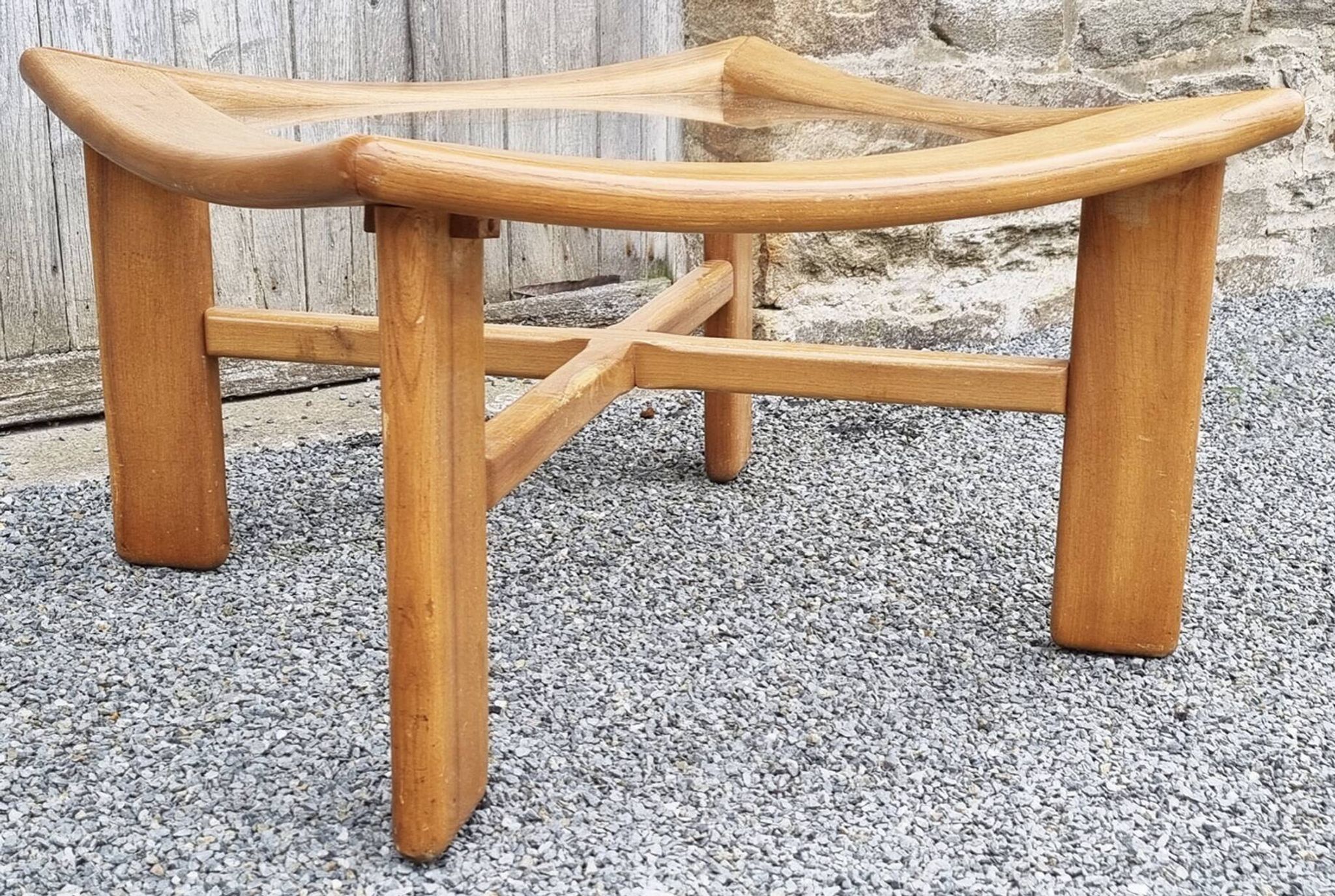 Table basse design scandinave, bois massif et verre, vintage, années 70