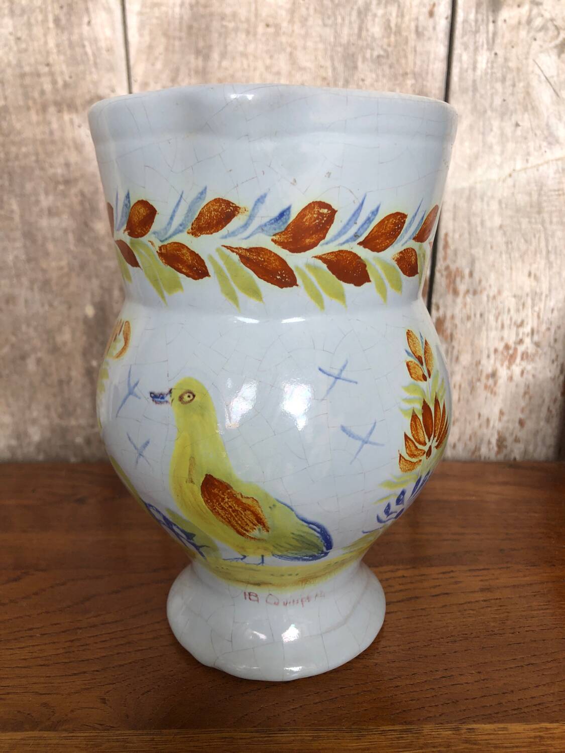 Old HB QUIMPER Pitcher White Cracked Ceramic Decor Birds Flowers #A765