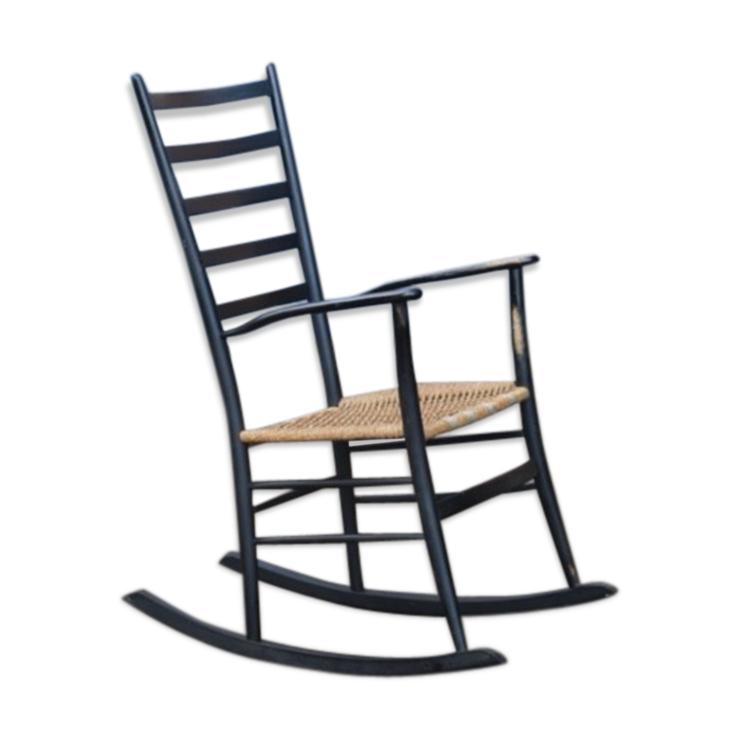 Rocking- vintage flesh blackened wood and rope Italy 1960