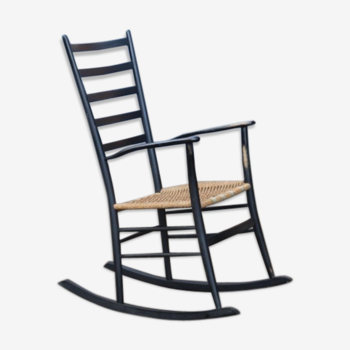 Rocking- chair vintage bois noirci et corde Italie 1960