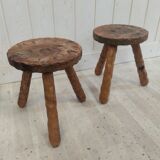 Pair of brutalist hardwood tripod stools solid wood