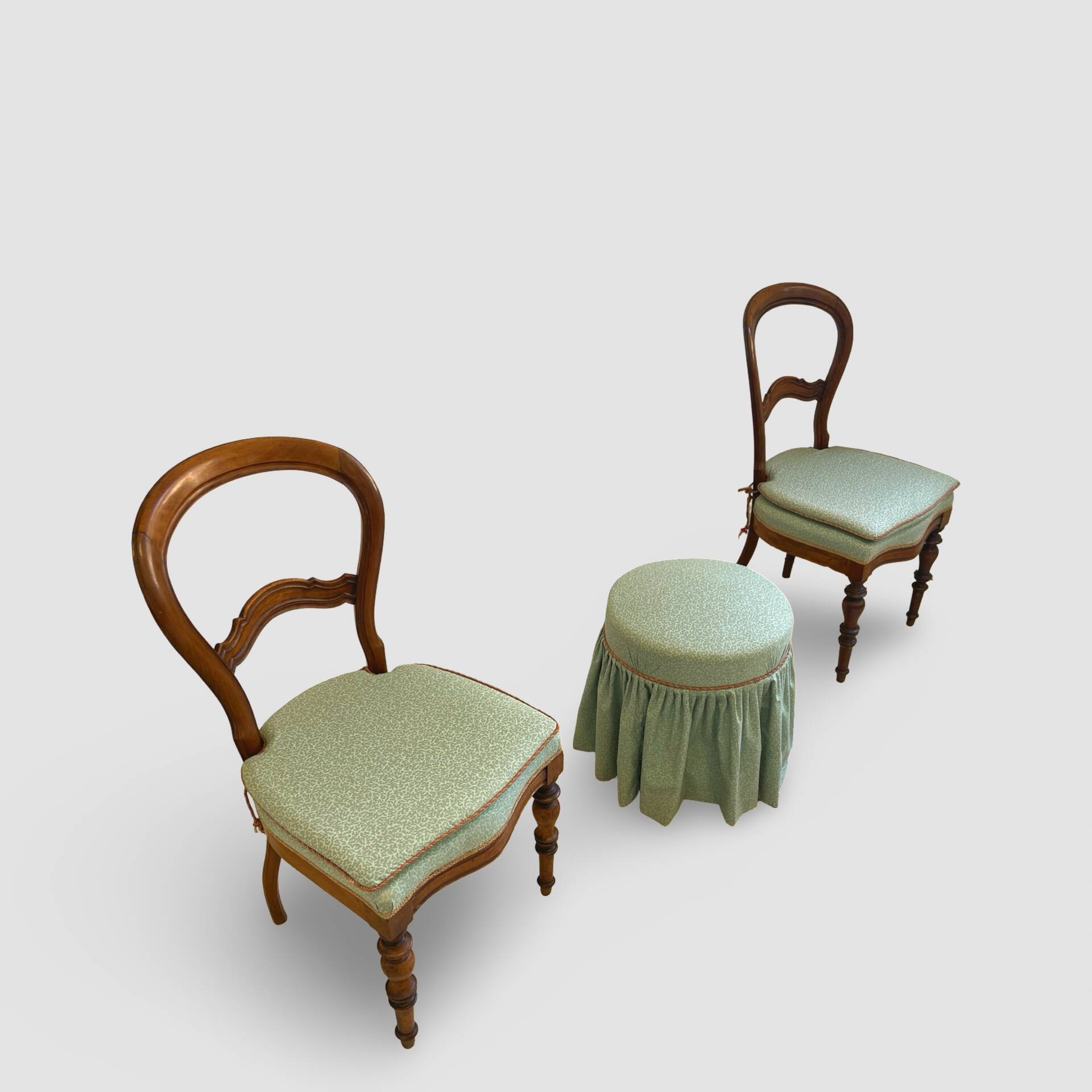 Antique Victorian era ballon back chairs and stool
