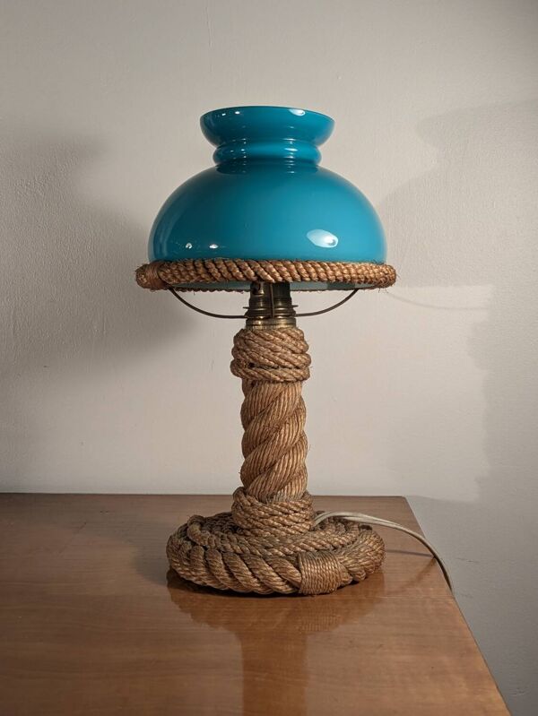 Lampe de bureau en cordage et opaline  vintage 1960