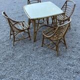 Table + 4 rattan chairs 1960/70