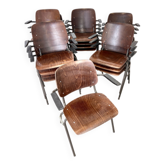 Set of 20 school chairs with armrests Marko Kwartet dark wood steel gray 70s Netherlands