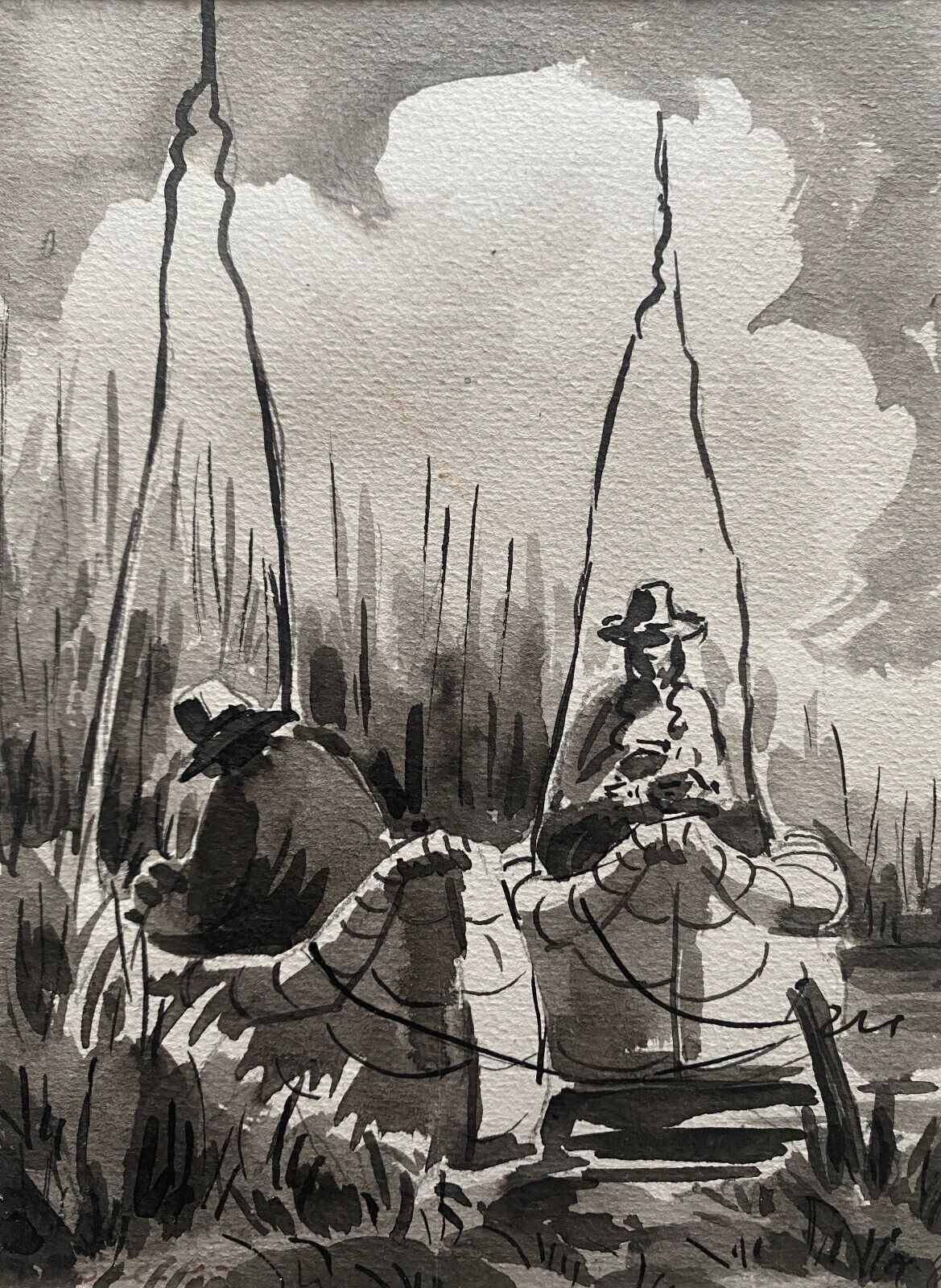 Table Ink wash " Fishermen at Lake Titicaca" Peter BALAZS (1919-2003) ?
