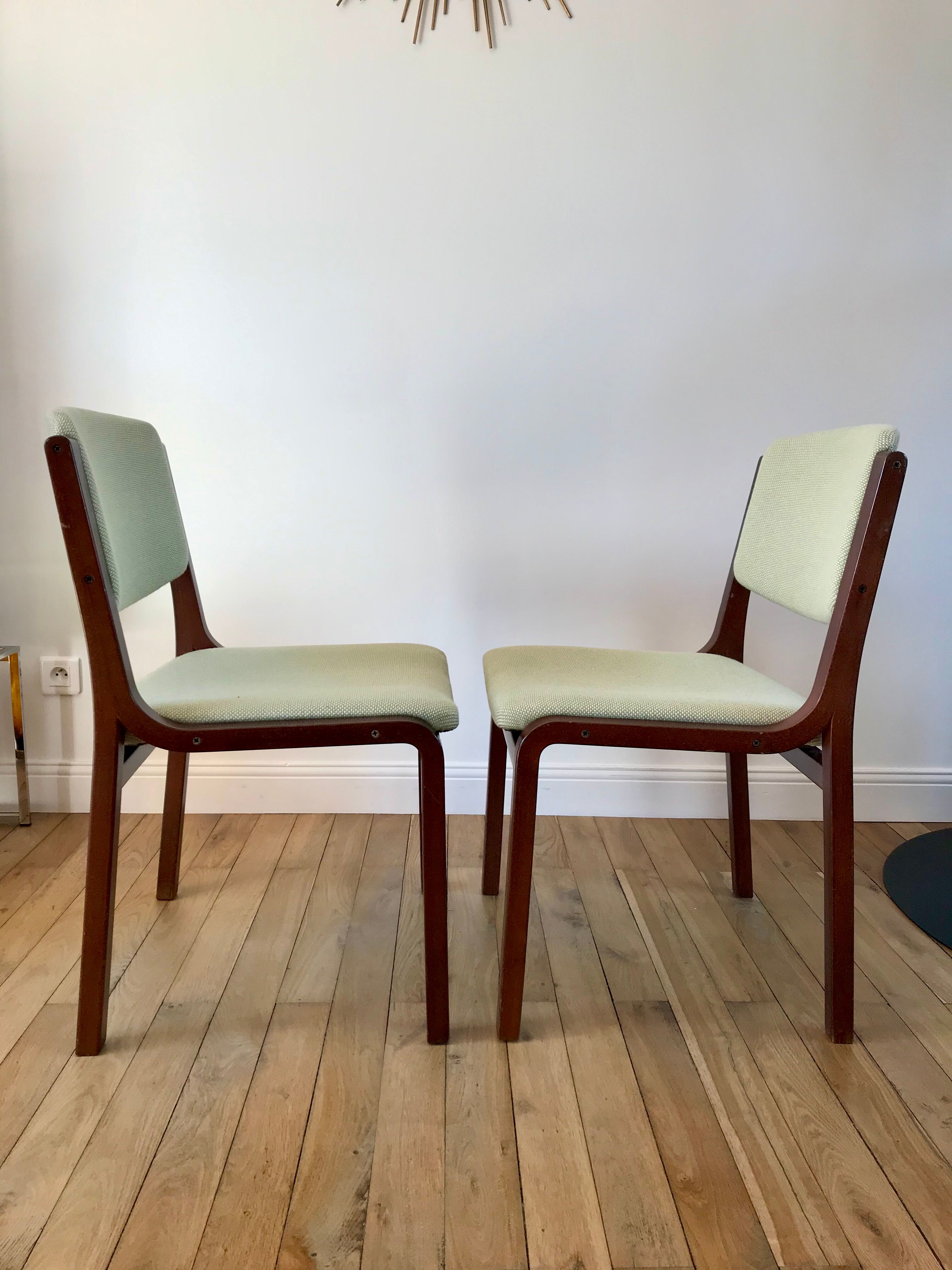 Pair of wooden armchairs and green and ecru fabrics 70s