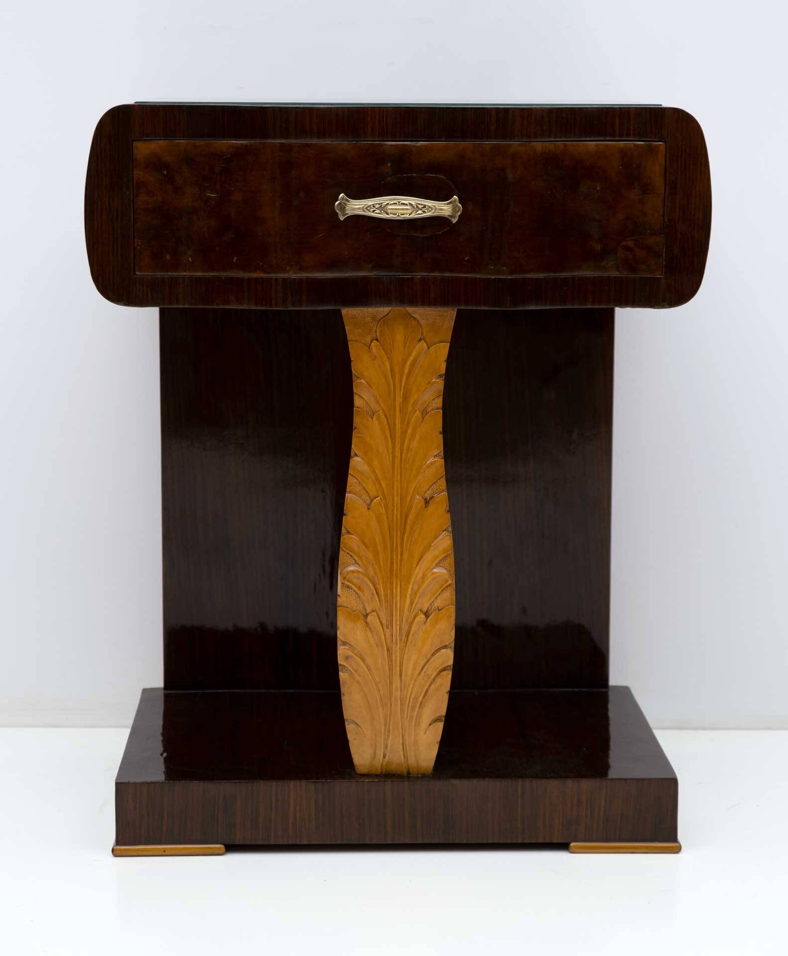 Pair of Art Deco Italian Walnut Briar and Maple Bedside Tables, 1920s
