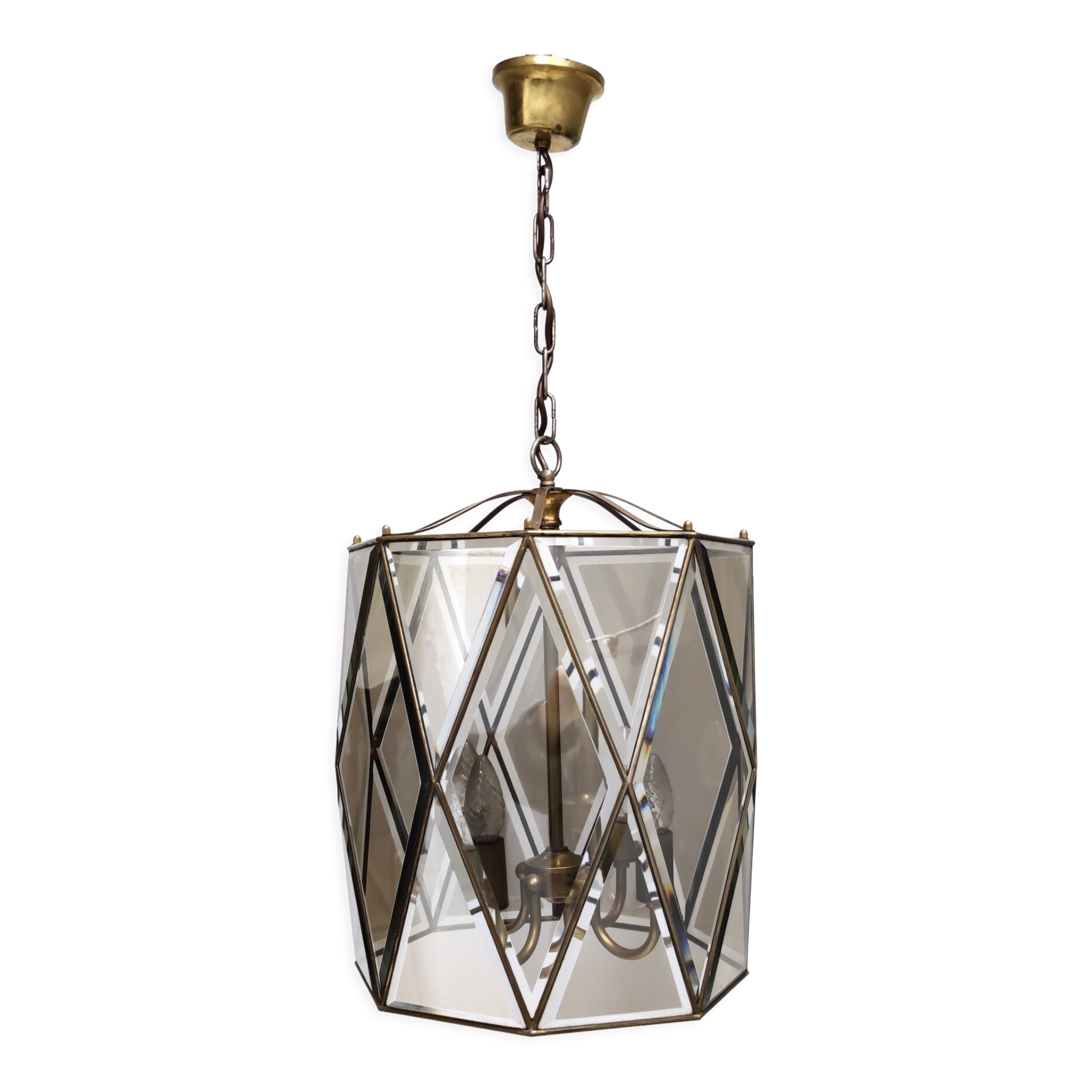 Vintage handmande octagonal glass and brass pendant lantern, Italy
