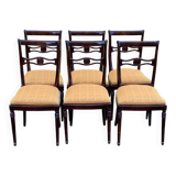 6 dining chairs made of solid mahogany in Regency style with yellow fabric.