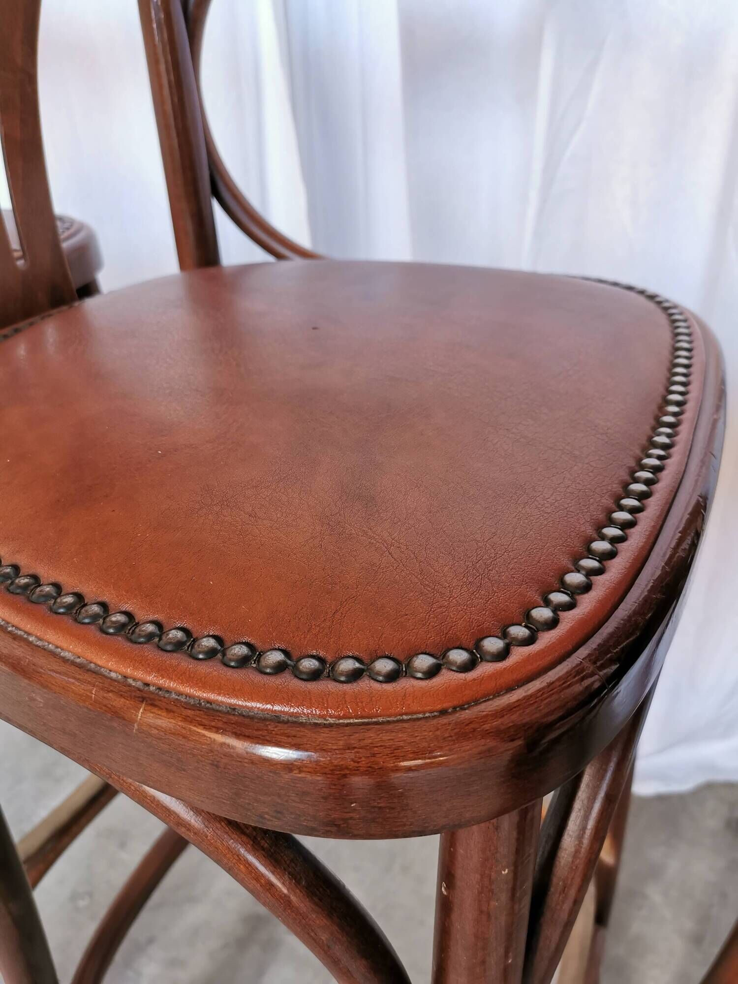 Set of 4 Vintage Bentwood Bar Stools, Brown Leather Seat, Nailhead Trim