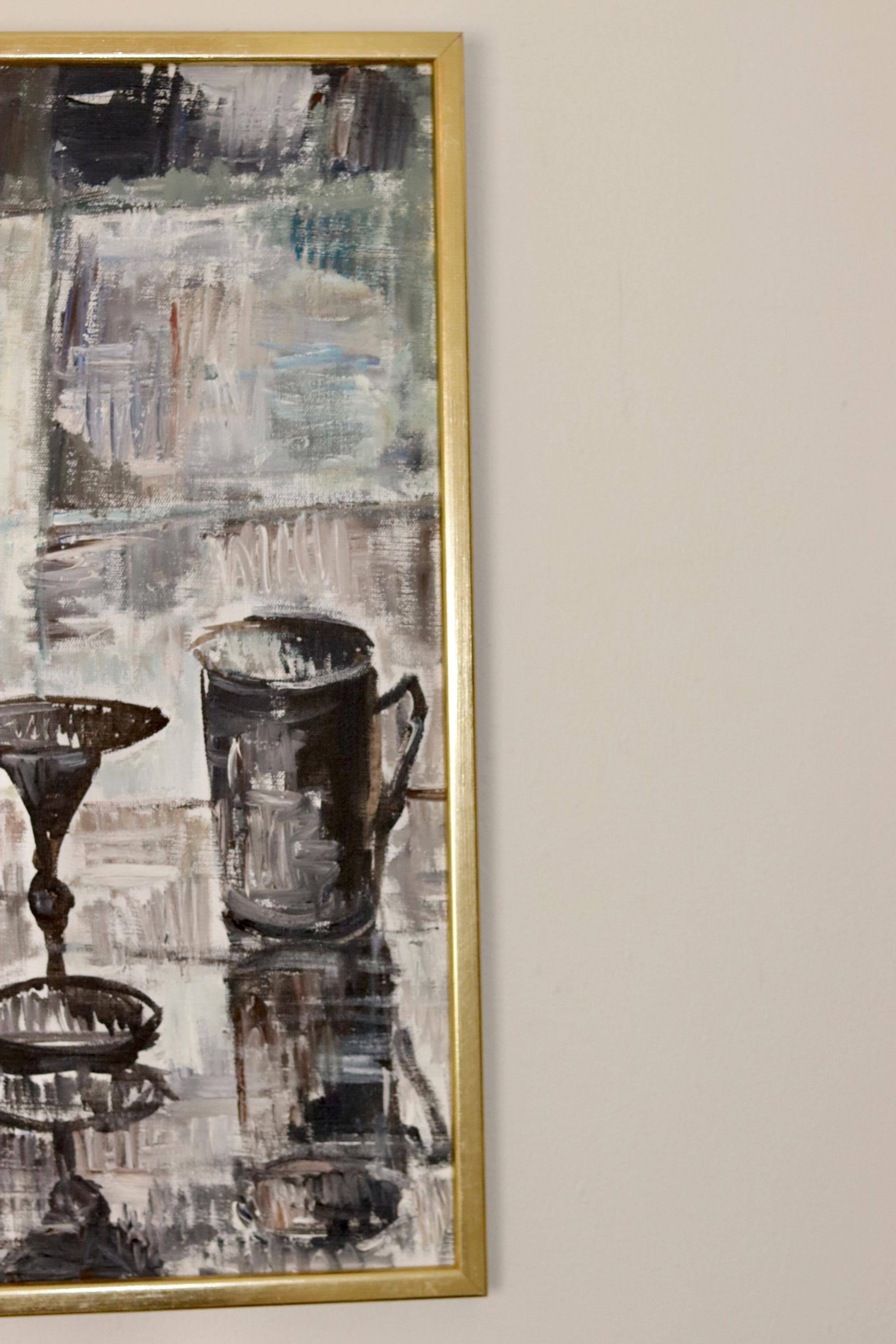 Still life with yellow roses and fruits by Olle Rhönnstrand, oil on Swedish canvas from the mid-century.