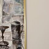 Still life with yellow roses and fruits by Olle Rhönnstrand, oil on Swedish canvas from the mid-century.