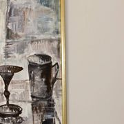 Swedish Mid-Century Oil On Canvas " Still Life with Yellow Roses and Fruit " by Olle Rhönnstrand