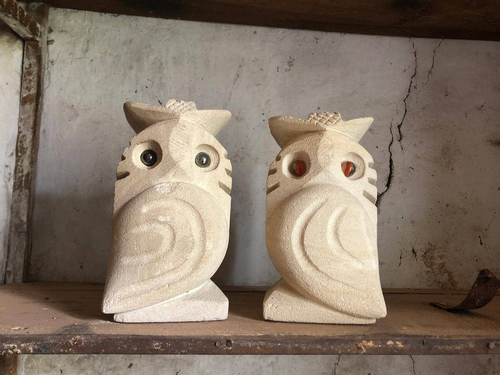 Pair of stone owl sculptures, vintage owl, owl lamp signed