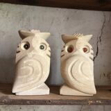 Paire de sculptures, serre-livres hibou vintage en pierre, signés