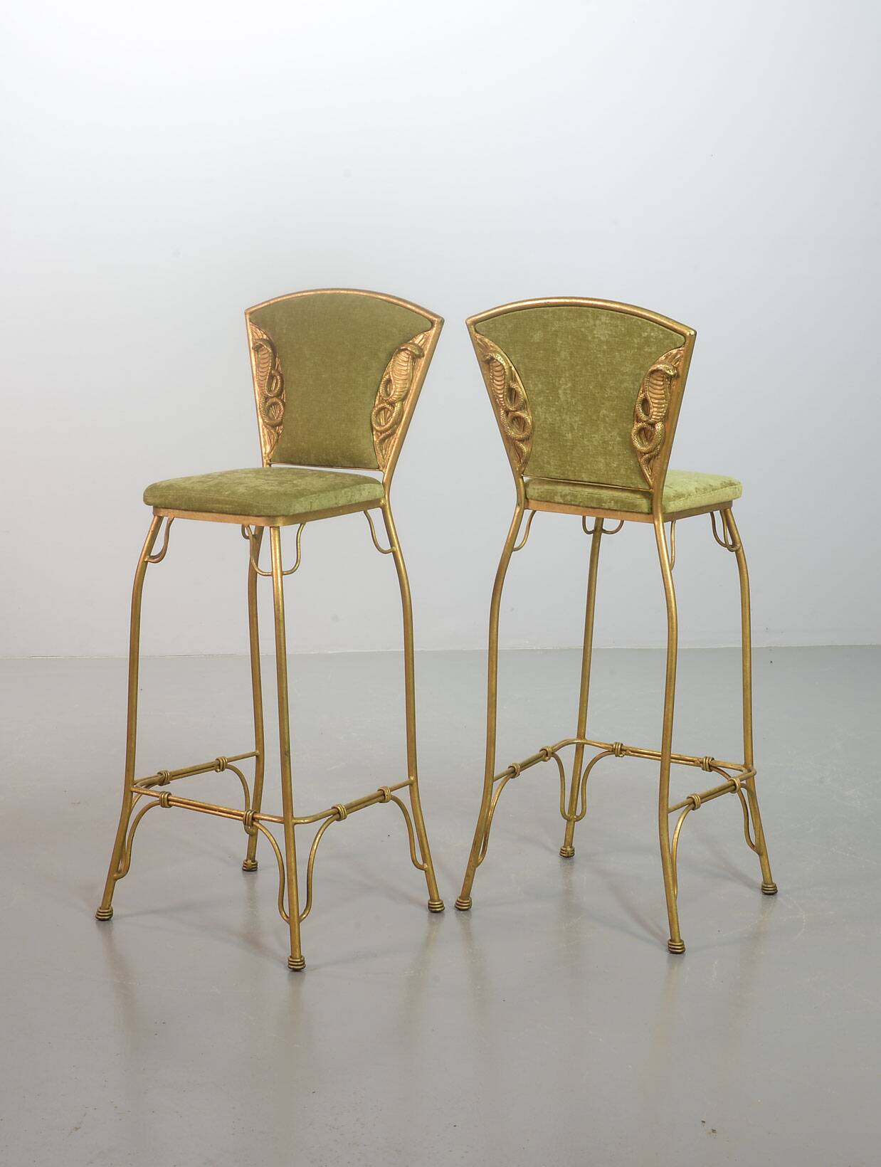 Set of 2 Glamorous Gilded Cobra Bar Stools with Green Velvet Upholstery 70s