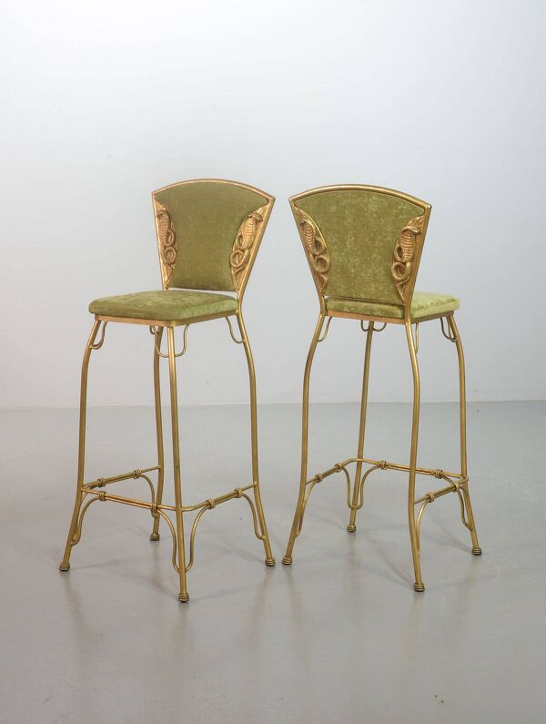 Lot de 2 tabourets de bar glamour Cobra dorés avec revêtement en velours vert années 70