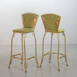Set of 2 Glamorous Gilded Cobra Bar Stools with Green Velvet Upholstery 70s