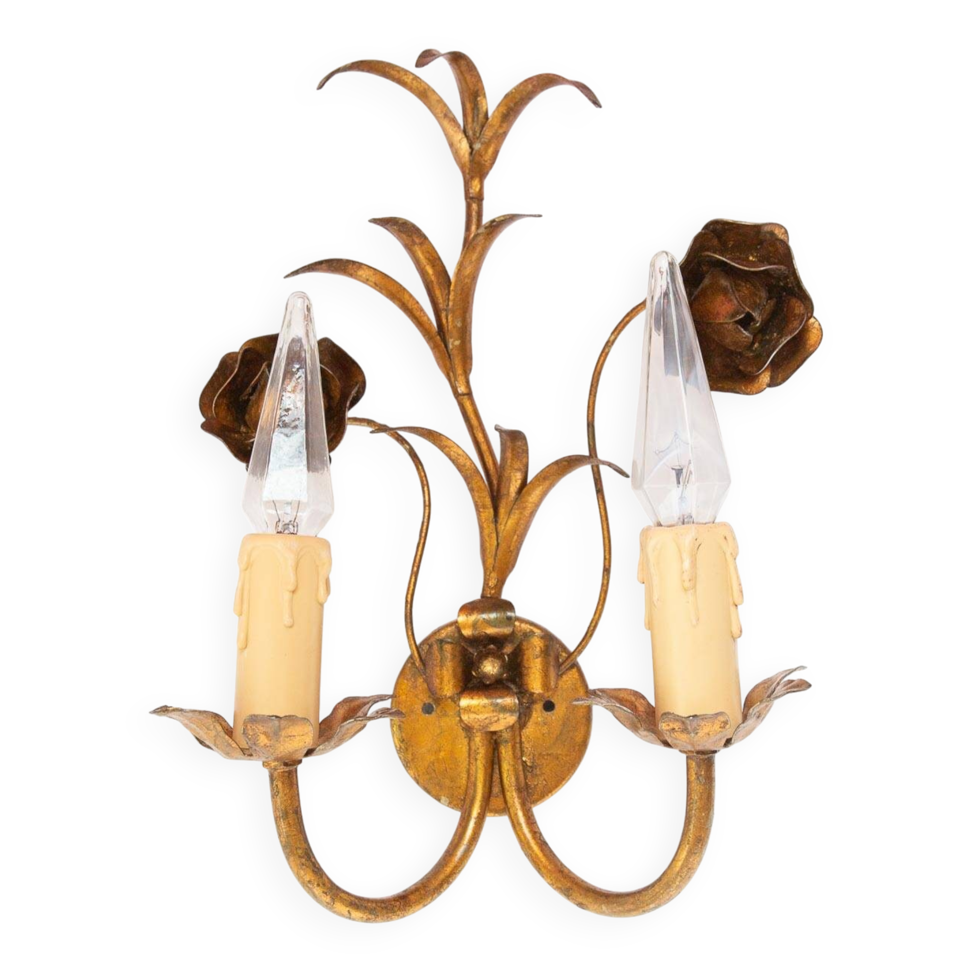 Vintage wall light in gold metal with flower and leaf decoration