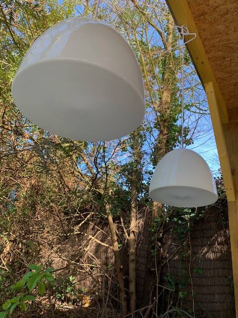 2 Danish white glass pendant lights (50s/60s)