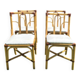 Suite de 4 chaises vintage en bambou et rotin – style années 70