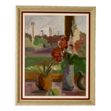 Original  Mid-Century Oil On Board Painting" Still Life with Flowers "--Vintage & Framed