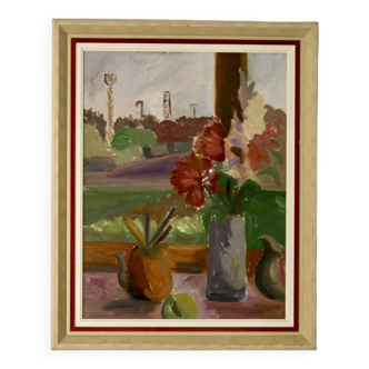Original  Mid-Century Oil On Board Painting" Still Life with Flowers "--Vintage & Framed