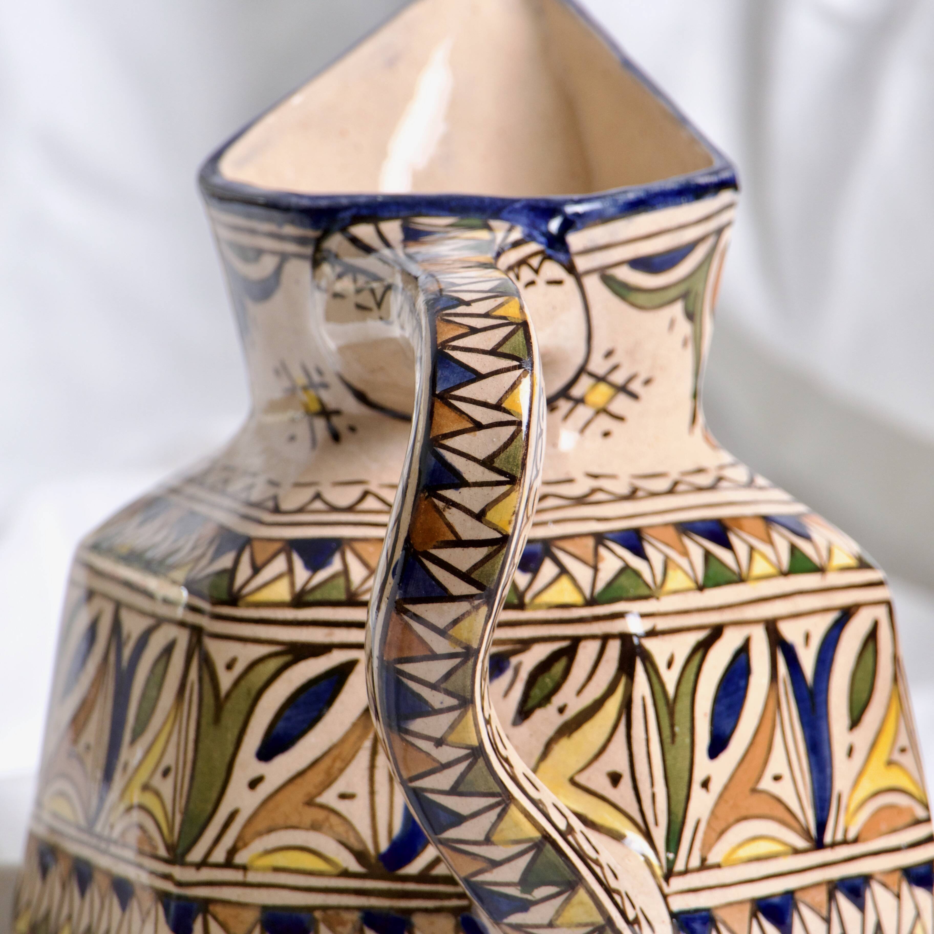 Antique hexagonal carafe in ceramic art from Fes