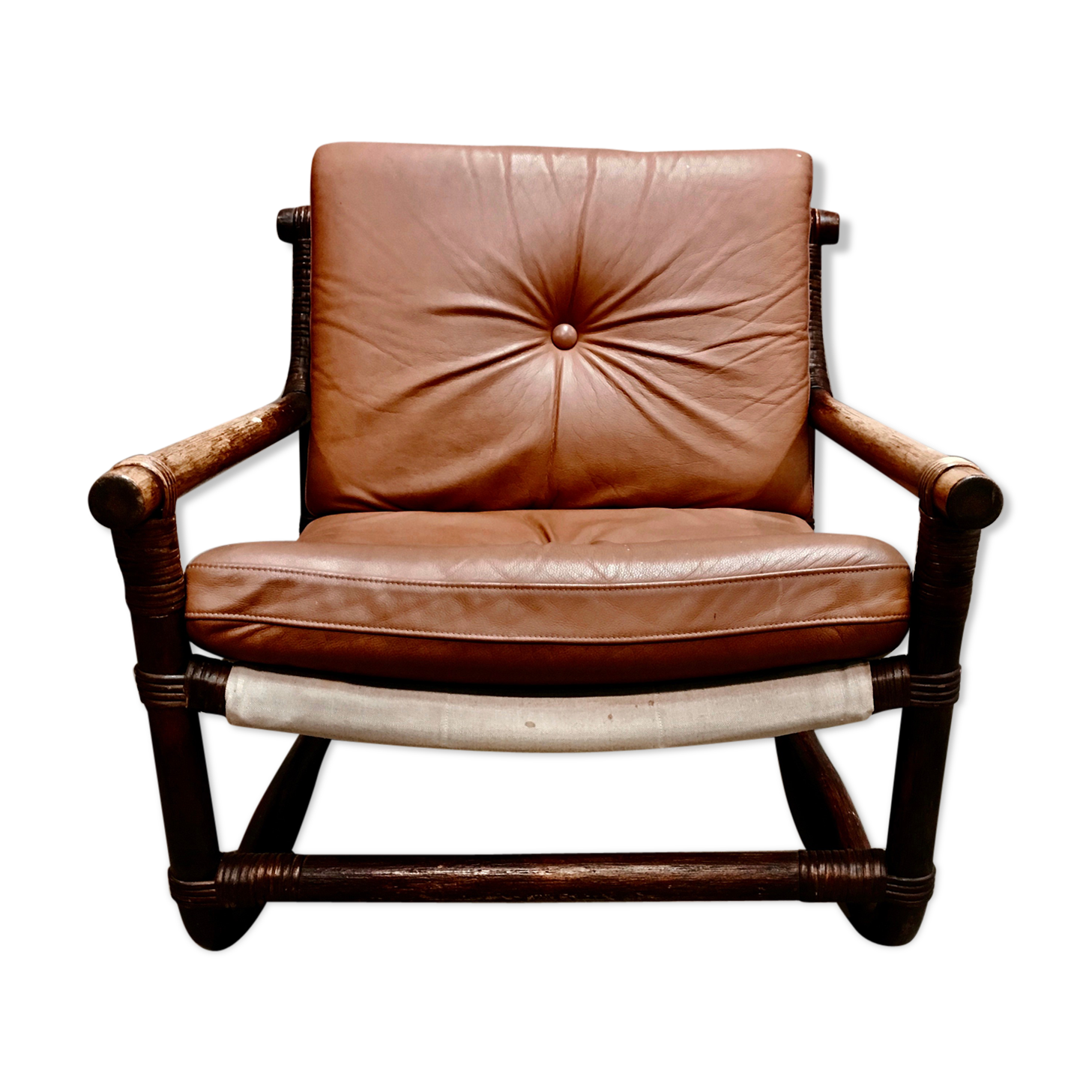 1950 rattan and leather armchair