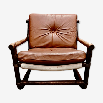 1950 rattan and leather armchair