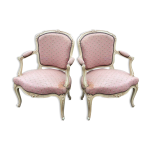 Paire de fauteuils louis XV vintage laqués et tissu rose
