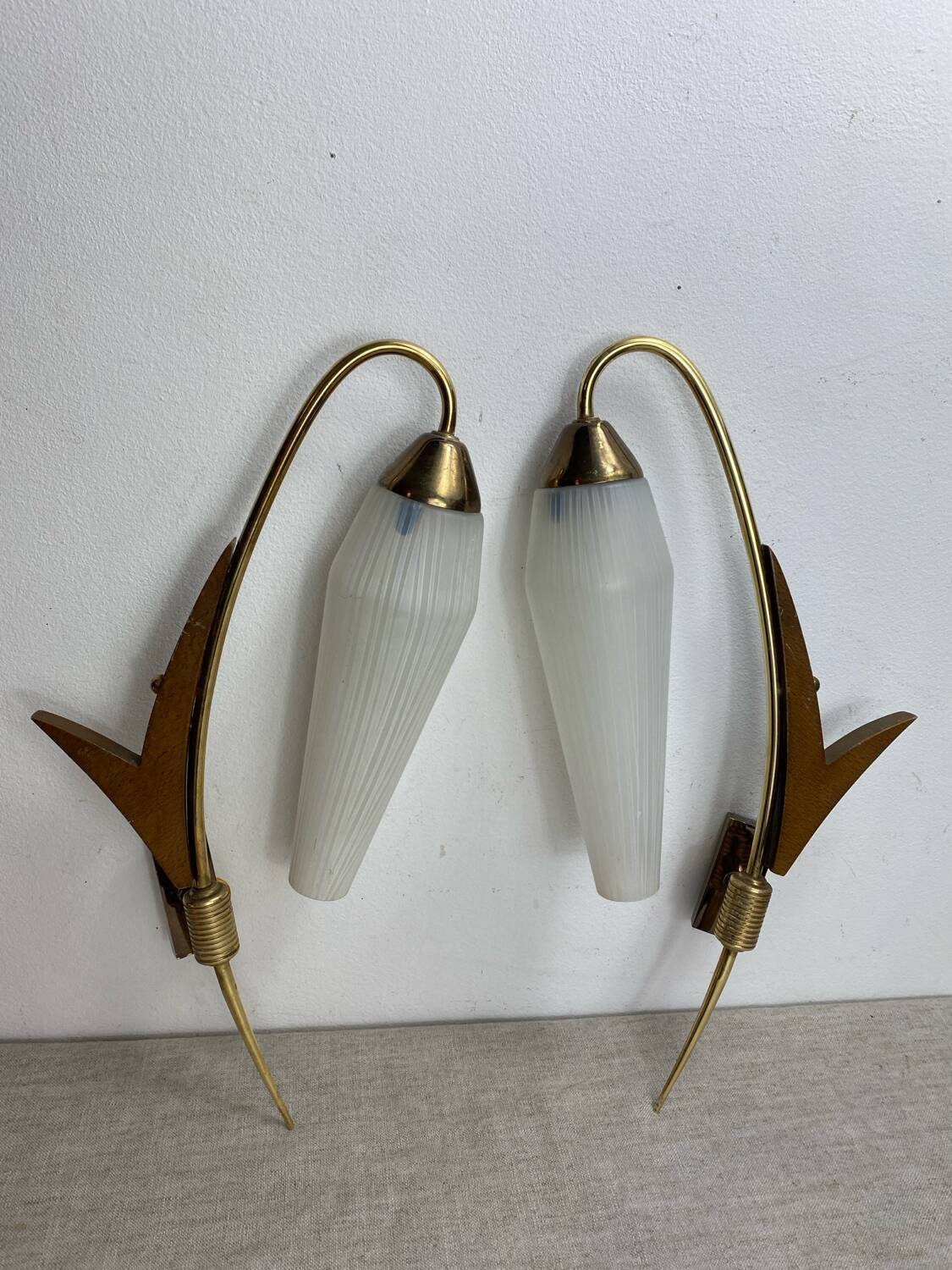 Pair of wall lights in brass, wood and opaline glass, 1950s/60s