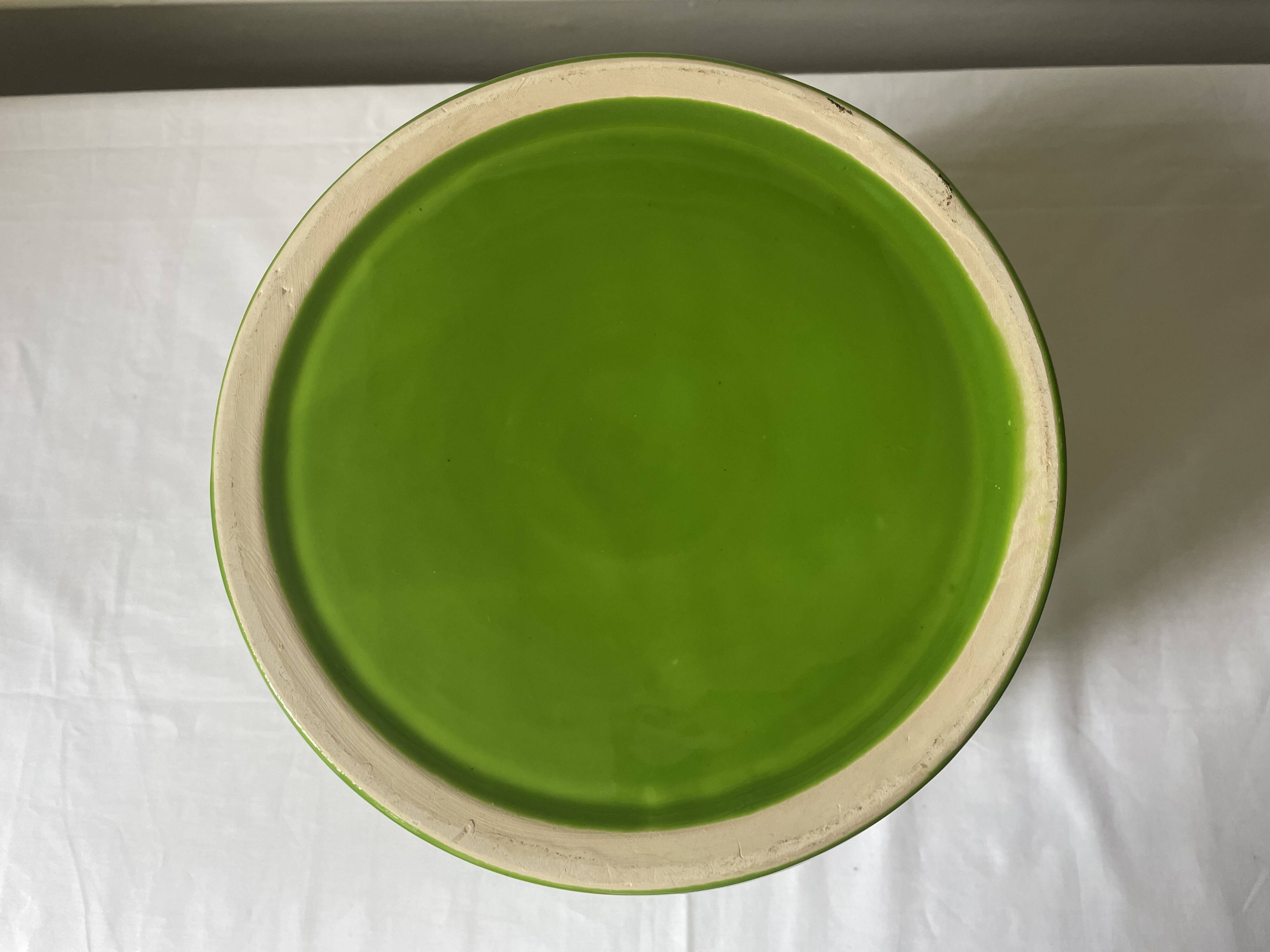 Glazed green pot cover in the style of Moreau Bourg earthenware