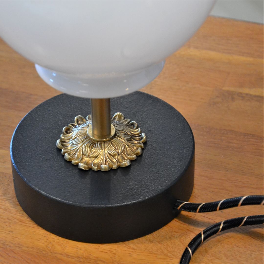 White vintage globe table lamp, black and gold finishes