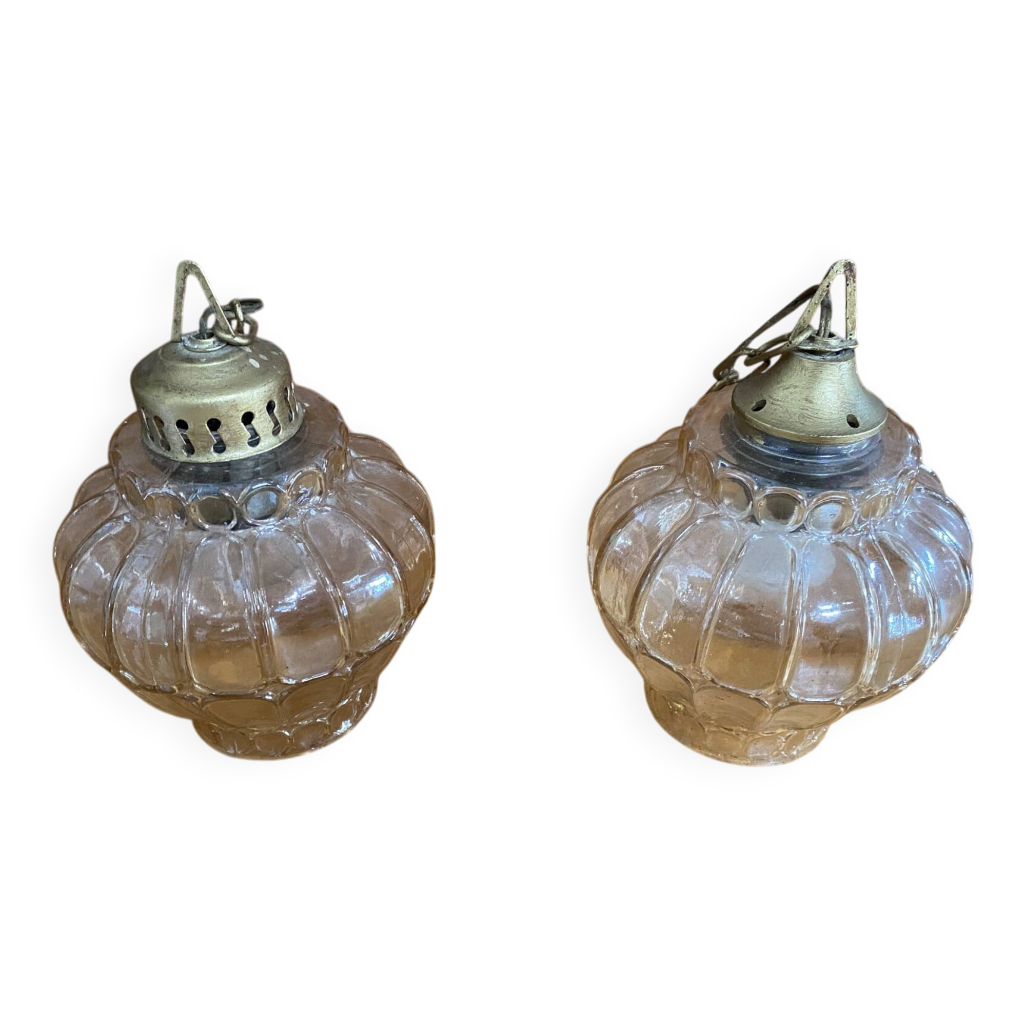 Pair of Vintage Suspension Lights with Iridescent Moulded Glass + Gold Metal