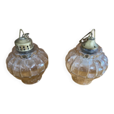 Paire Suspension Ancienne Verre Moulé Irisé + Métal Doré Vintage