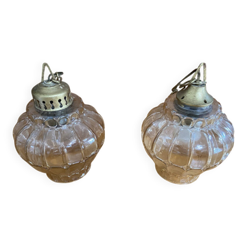 Paire Suspension Ancienne Verre Moulé Irisé + Métal Doré Vintage